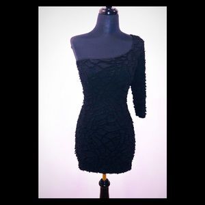 Mini Black Off Shoulder Textured Cocktail Dress